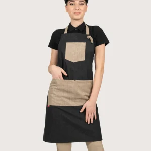 Grembiule in denim nero con tasche in lino naturale “Kelor”