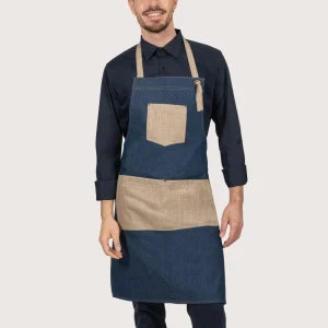 Grembiule in denim blu con tasche in lino naturale “Kelor”