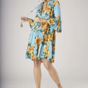 Abito cotone con balze fantasia floreale